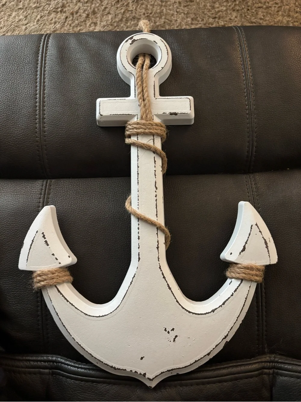 White Distressed Wood Anchor Wall Accent with Rope - Nautical Home Decor